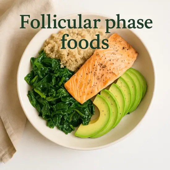 Follicular phase foods like salmon, leafy greens, and quinoa support estrogen balance and fertility.