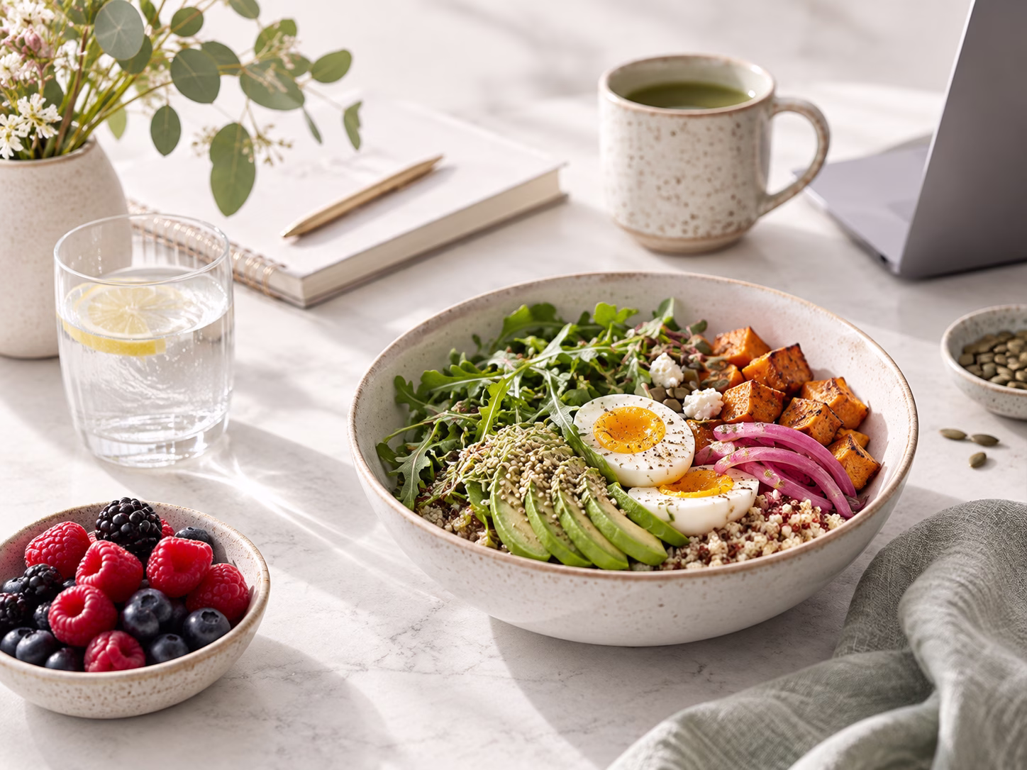 balanced meal with vegetables, whole grains, eggs and avocado