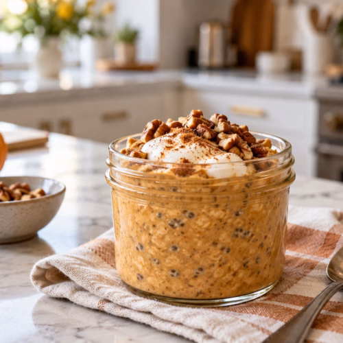 Pumpkin spice chia overnight oats topped with Greek yogurt, cinnamon, and chopped pecans in a glass jar.