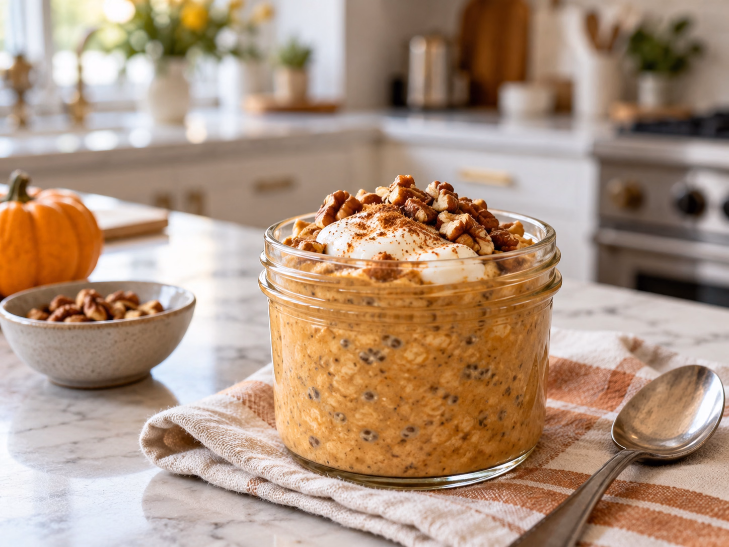 Pumpkin spice chia overnight oats topped with Greek yogurt, cinnamon, and chopped pecans in a glass jar.
