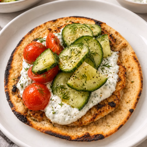 Chicken shawarma smashed taco topped with homemade tzatziki, sliced cucumbers, cherry tomatoes, and fresh dill.