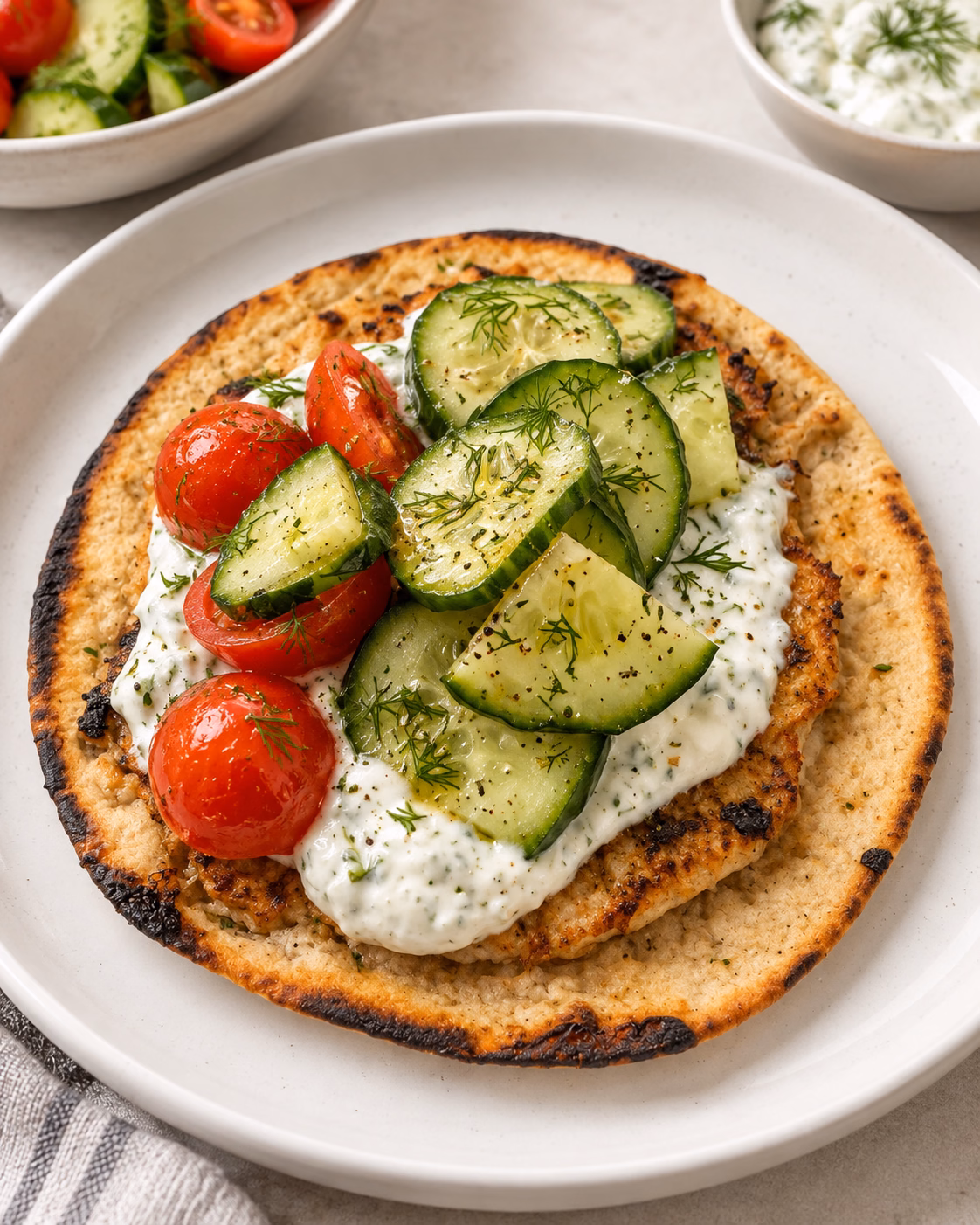 Chicken shawarma smashed taco topped with homemade tzatziki, sliced cucumbers, cherry tomatoes, and fresh dill.